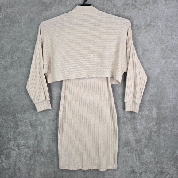 Womens 2pc SHEIN Cream Ribbed Mock Layer Dress Long Sleeve Bodycon Size S - Picture 3 of 11